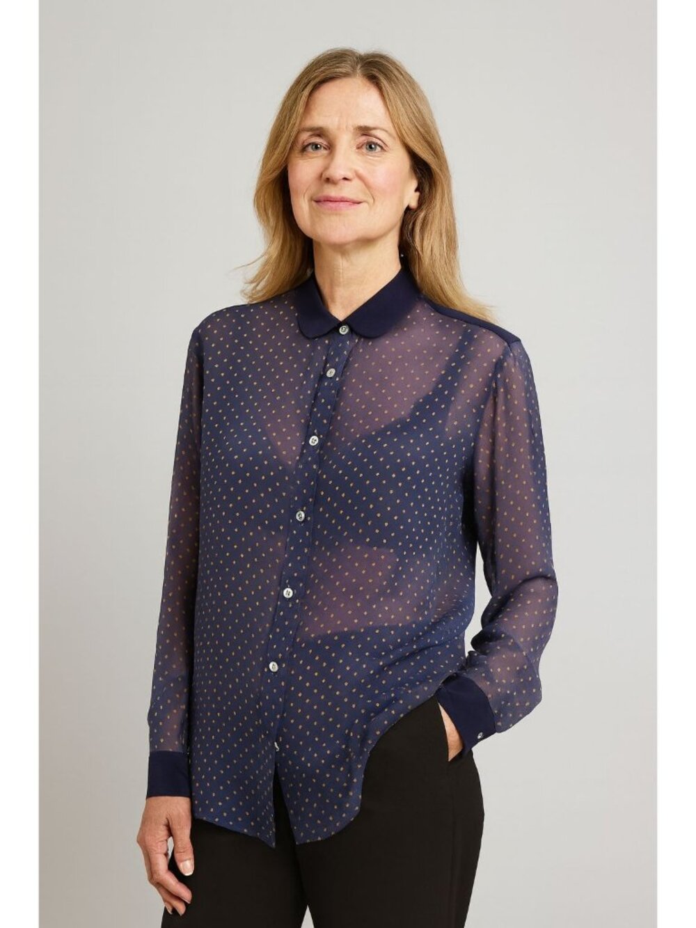 Paul Smith Womens Sheer Blue collared Blouse size Large Gold polka dot